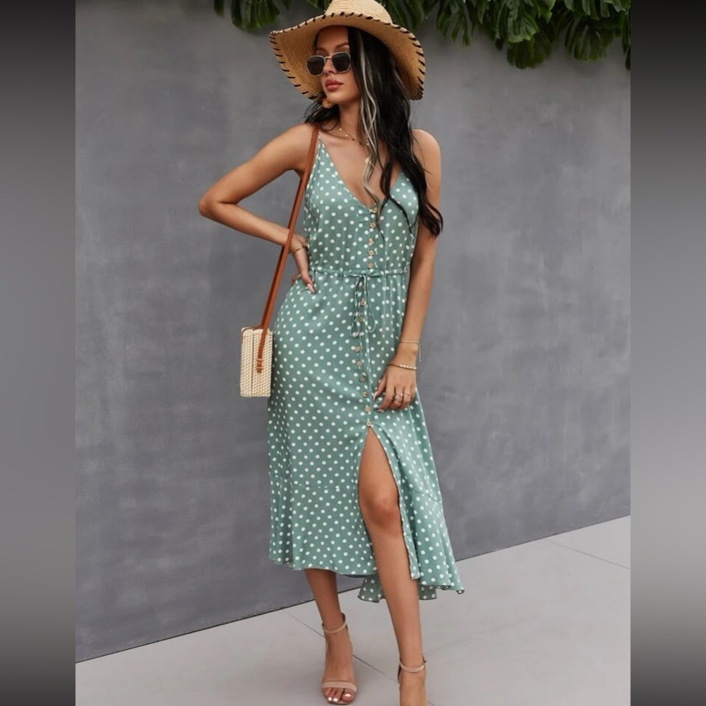 Boho polka dots print button detail drawstring waist cami dress - Picture 8 of 16